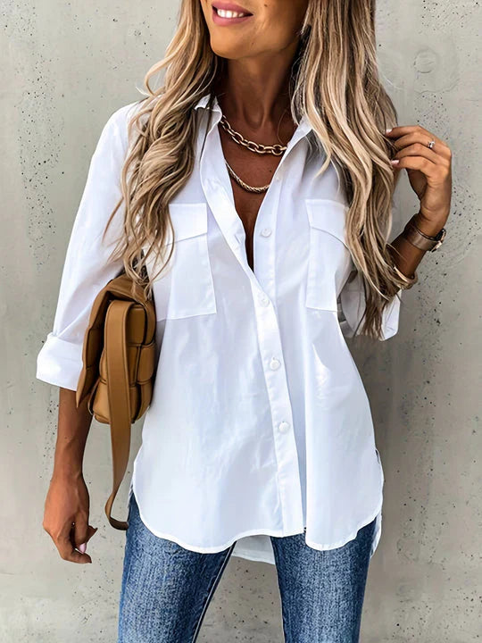 New women's button-up blouse with effortless elegance, long sleeve & relaxed fit, ideal for versatile officewear or casual looks.