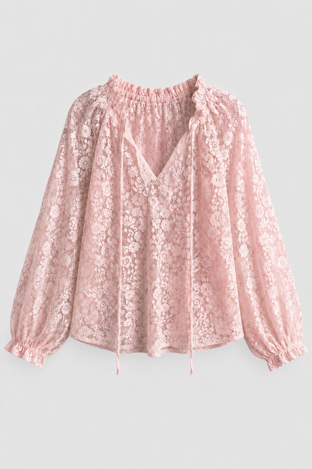 Elegant women's long sleeve lace blouse with tied neckline. Versatile top for casual or dressy occasions.