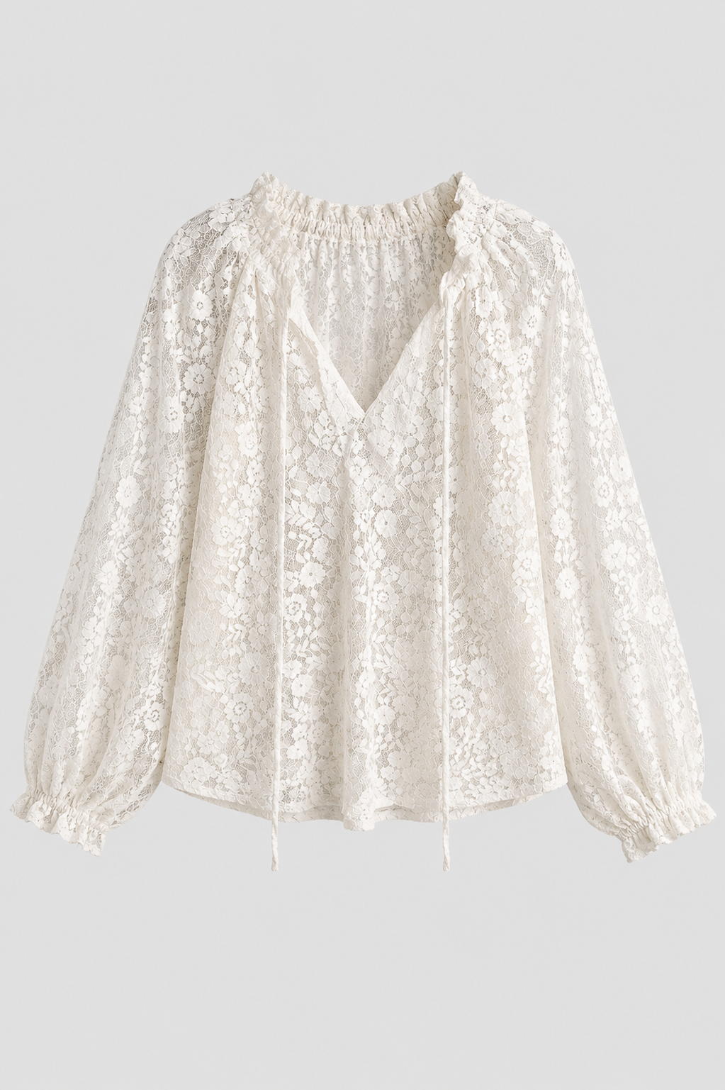 Pink elegant sheer lace blouse for women, featuring a stylish tied neckline and long sleeves.