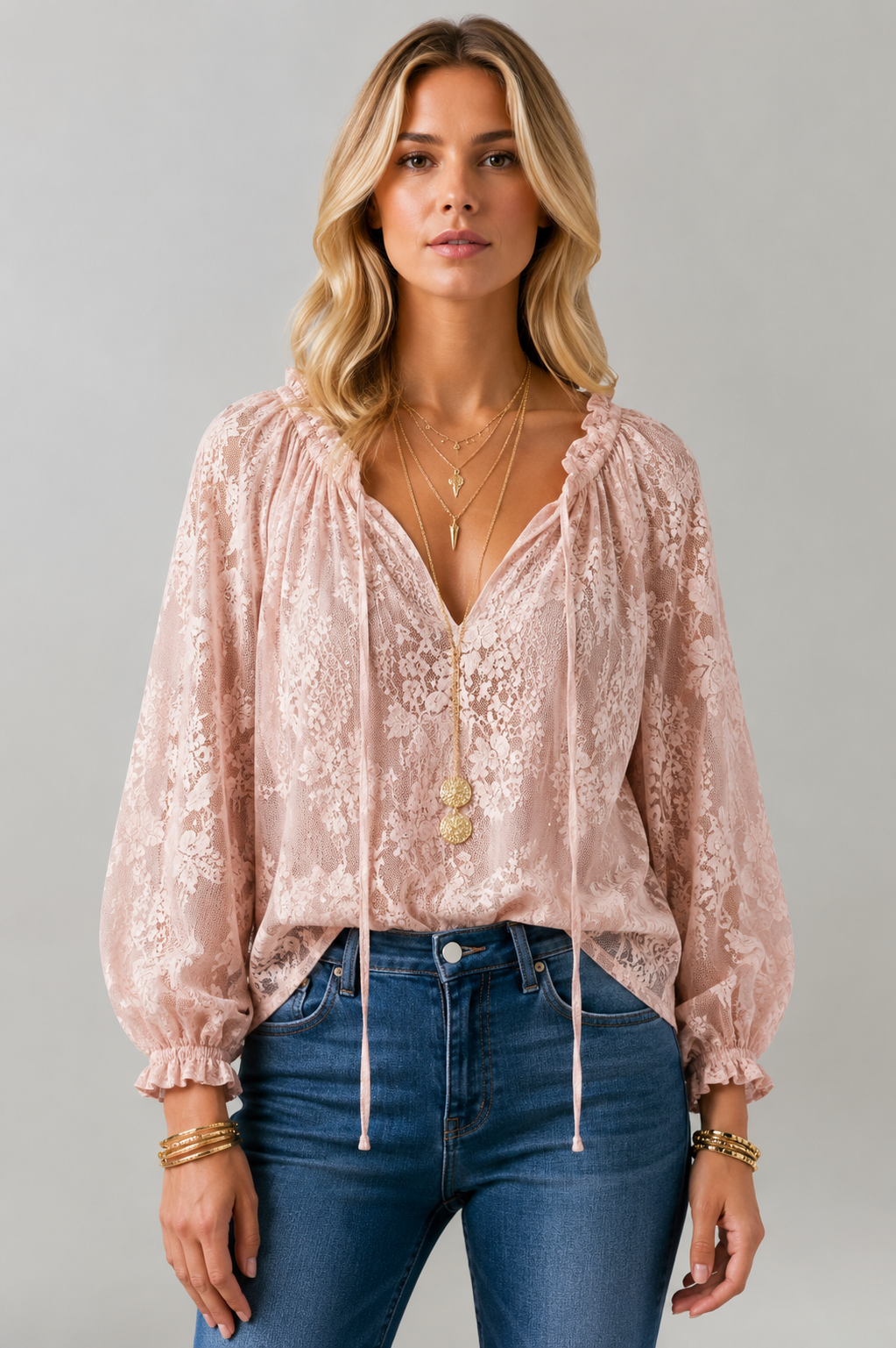 White women's lace detail blouse with a tied neckline & long sleeves, perfect for a chic look.