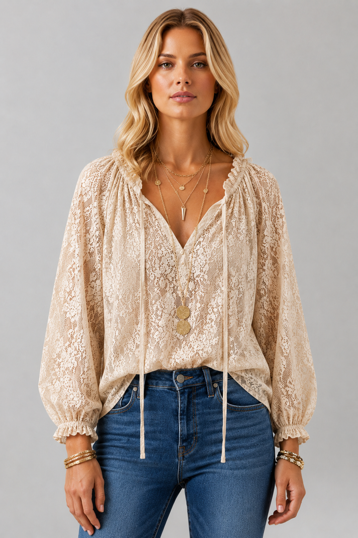 Chic women's long sleeve blouse with intricate lace details & a flattering tied neckline.