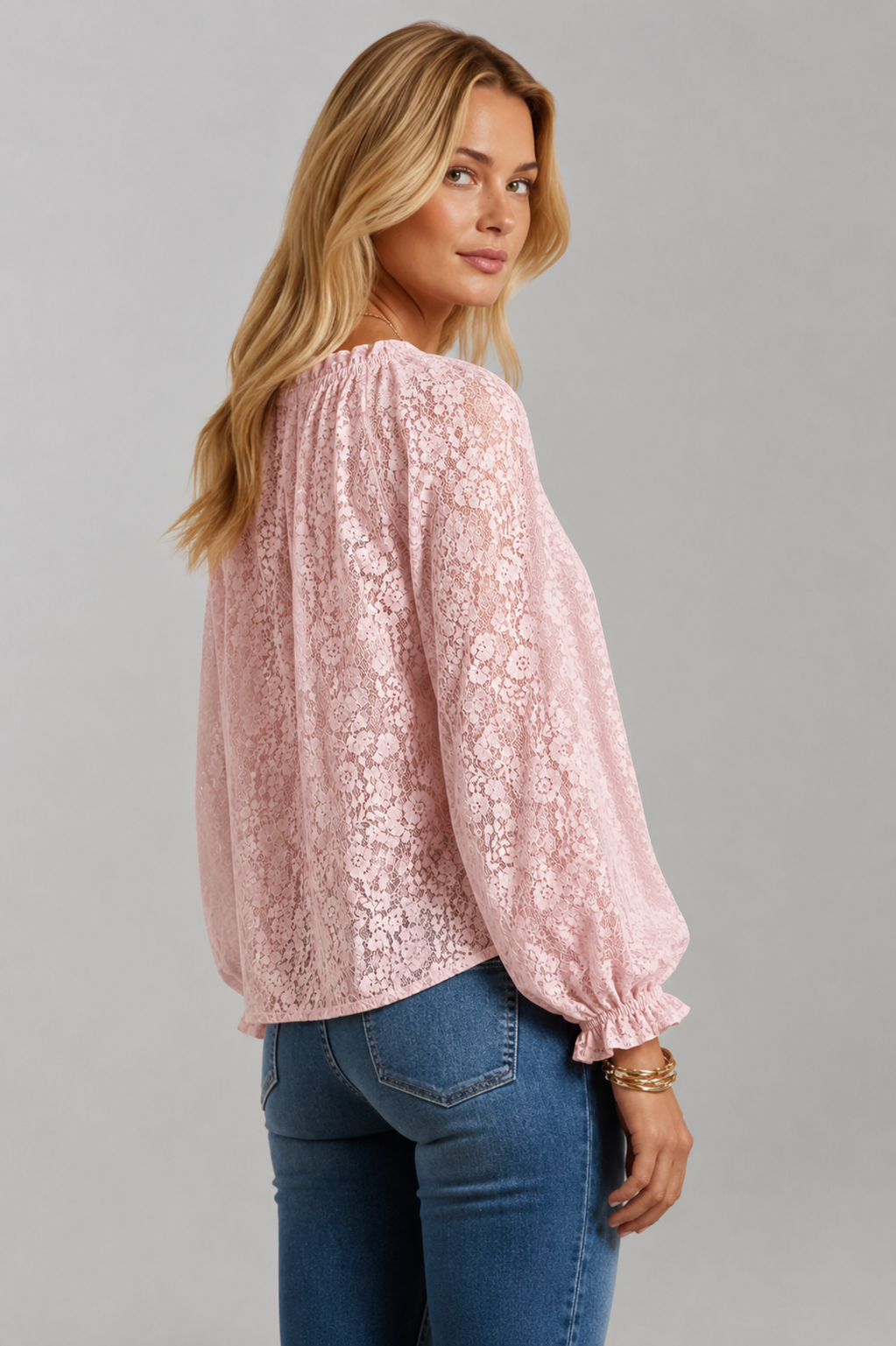 Women's elegant blouse: long sleeve, lace details, tied neckline. Available in white, black, pink, beige.