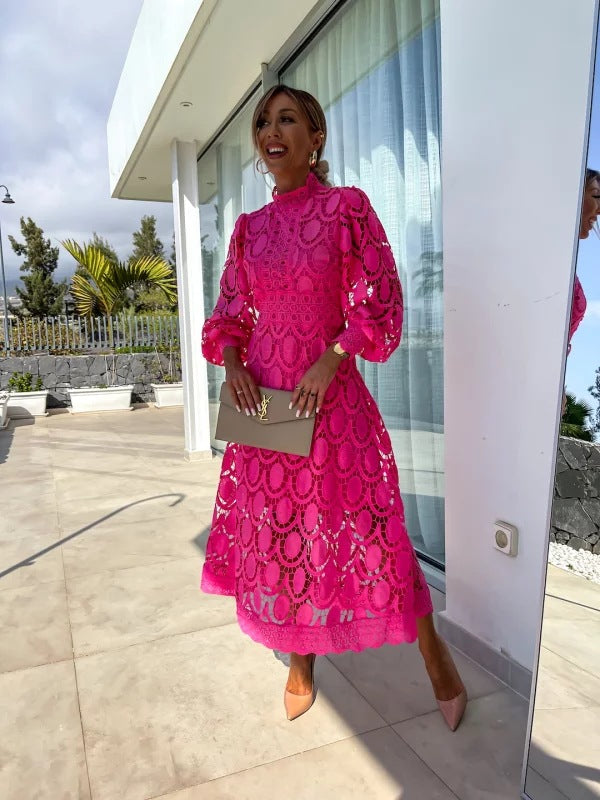 Sophisticated women's midi dress with long lace sleeves, an elegant choice for wedding guests & formal events.