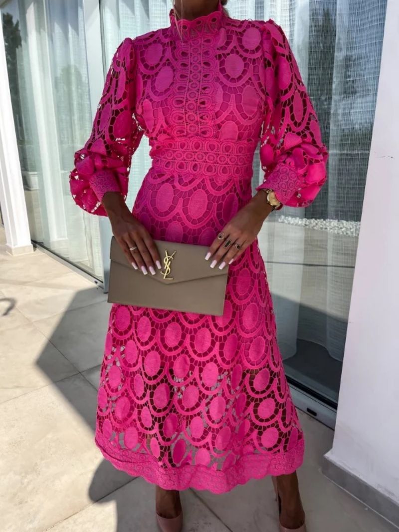 Graceful long sleeve lace midi dress for women. A perfect, elegant wedding guest or special occasion ensemble.