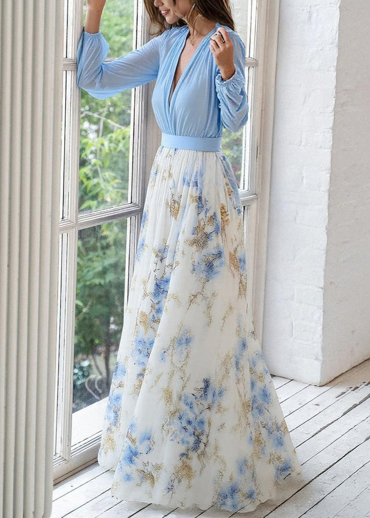 Versatile long-sleeve maxi dress for women, featuring a chic deep V-neck and a flowing floral skirt for any occasion.
