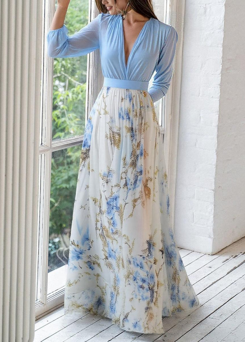 Stylish women's summer maxi dress with long sleeves, a deep V-neck, and a beautiful floral printed skirt for elegant events.