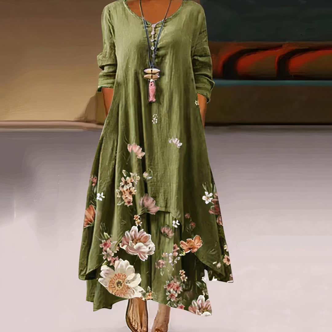 Stylish summer long-sleeve midi dress for women, featuring a flattering asymmetric hem.