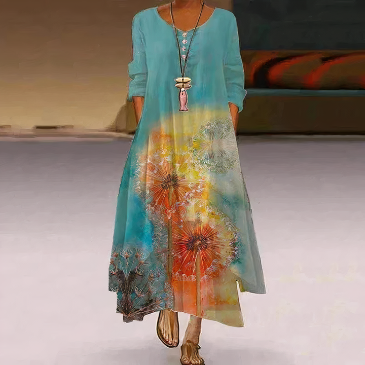 Elegant women's printed long-sleeve midi dress with a flowing asymmetric hem.