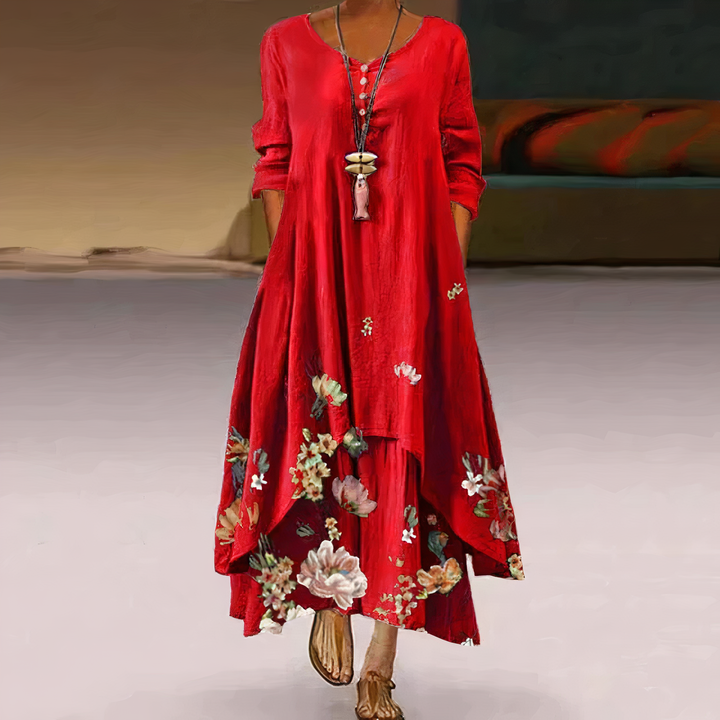 Vibrant printed long-sleeve midi dress for women, offers an elegant, flowing silhouette.