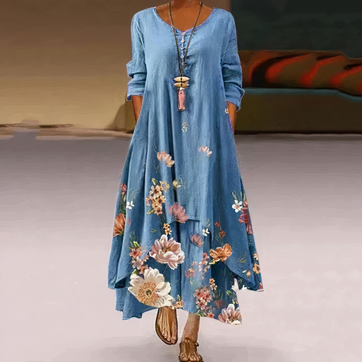 Effortless style women's long-sleeve midi dress with a unique asymmetric hem.