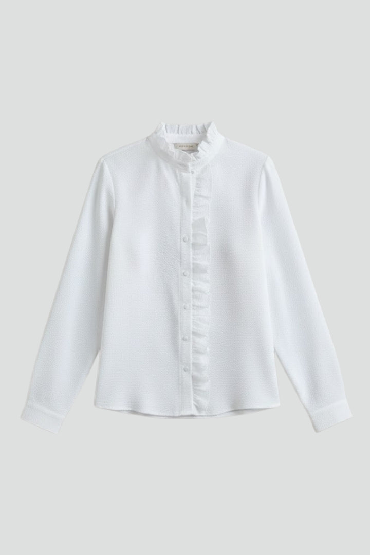 Elegant women's long sleeve ruffle button-front blouse. Perfect for workwear or casual chic.