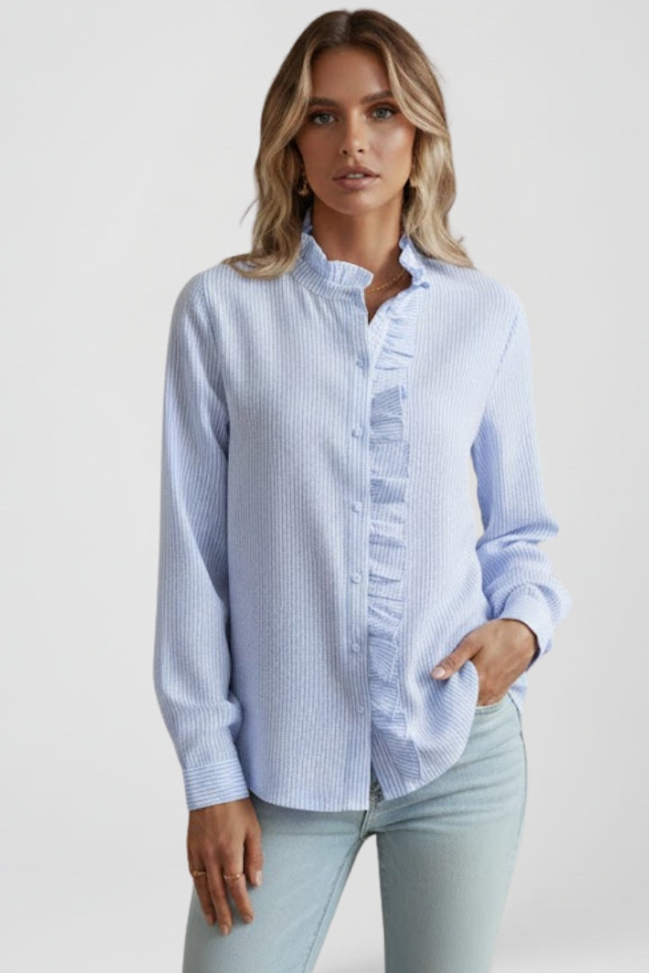 Modern elegant women's long sleeve ruffle blouse with button-front design. Perfect for a chic look.