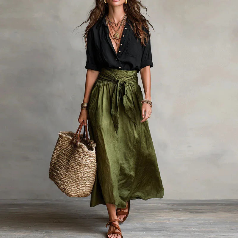 Women's sophisticated long sleeve skirt co-ord, a comfortable and fashionable two-piece set for various occasions.