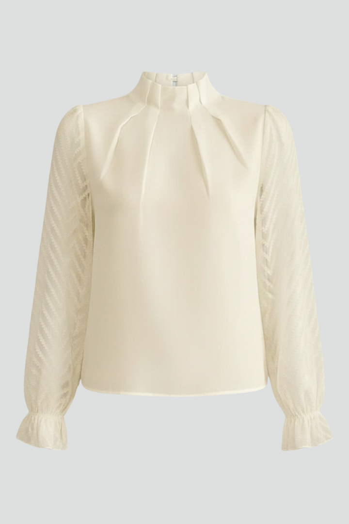 Elegant women's long sleeve top with chic pleated neckline, perfect for sophisticated everyday wear.