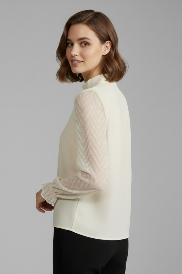 Women's fashion top, long sleeve with elegant pleated neck and subtle textured sleeves. Versatile and chic.