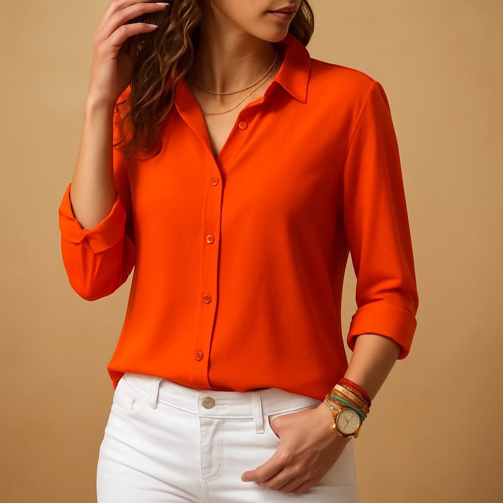 Stylish women's V-neck blouse with long sleeves and button front detail. Ideal elegant shirt for work.