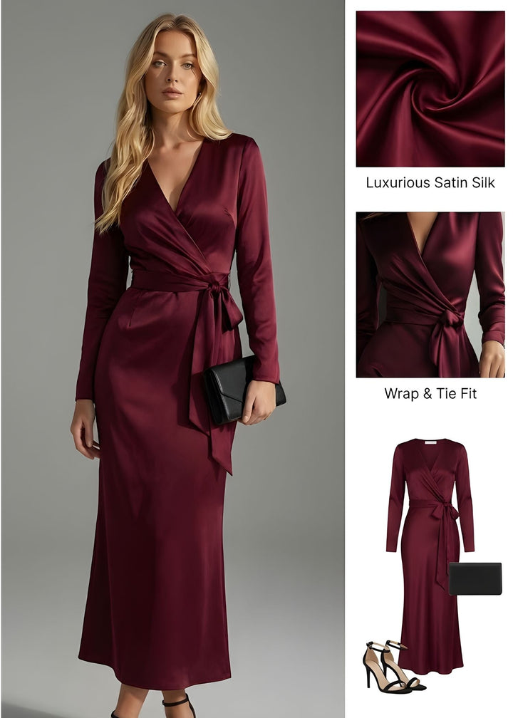 Elegant women's long sleeve wrap dress with stylish waist tie detail, perfect for special occasions.