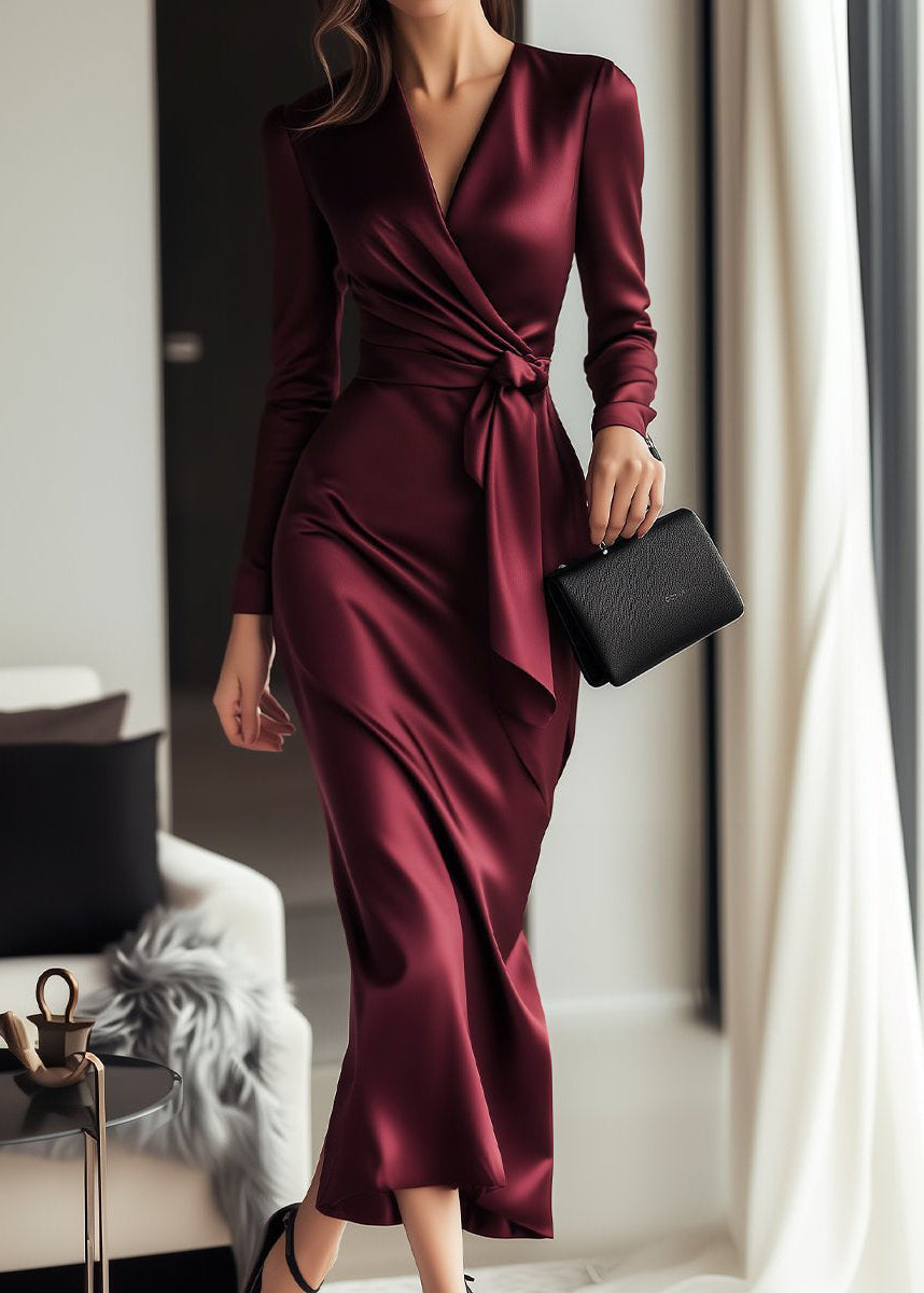 Chic women's long sleeve maxi wrap dress. Formal evening gown with a flattering tie waist.