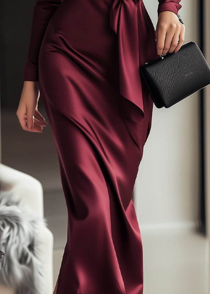 Flattering women's long sleeve sheath wrap dress with an adjustable tie waist. Perfect elegant formal attire.