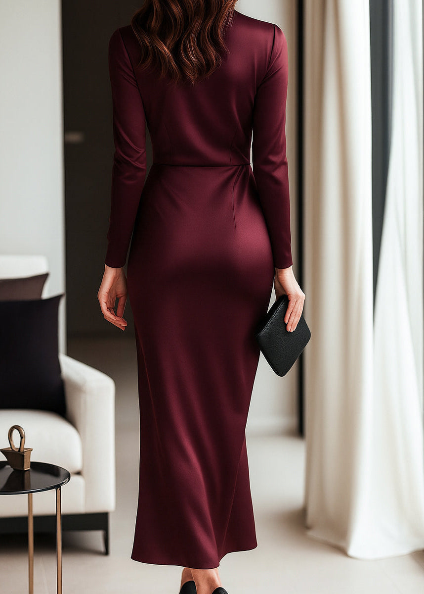 Women's long sleeve wrap dress, a maxi-length formal evening gown with a fashionable waist tie.