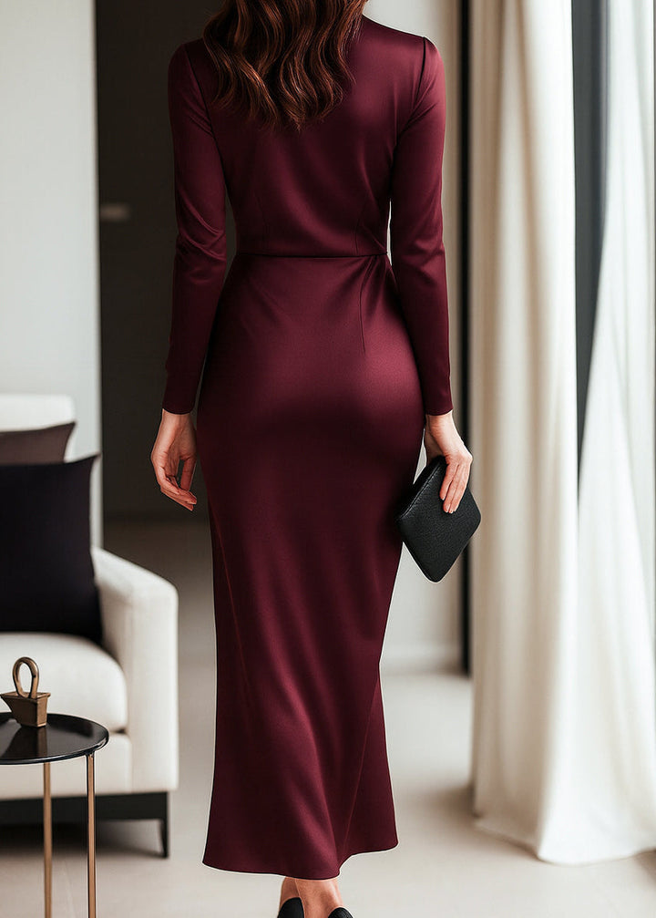 Women's long sleeve wrap dress, a maxi-length formal evening gown with a fashionable waist tie.
