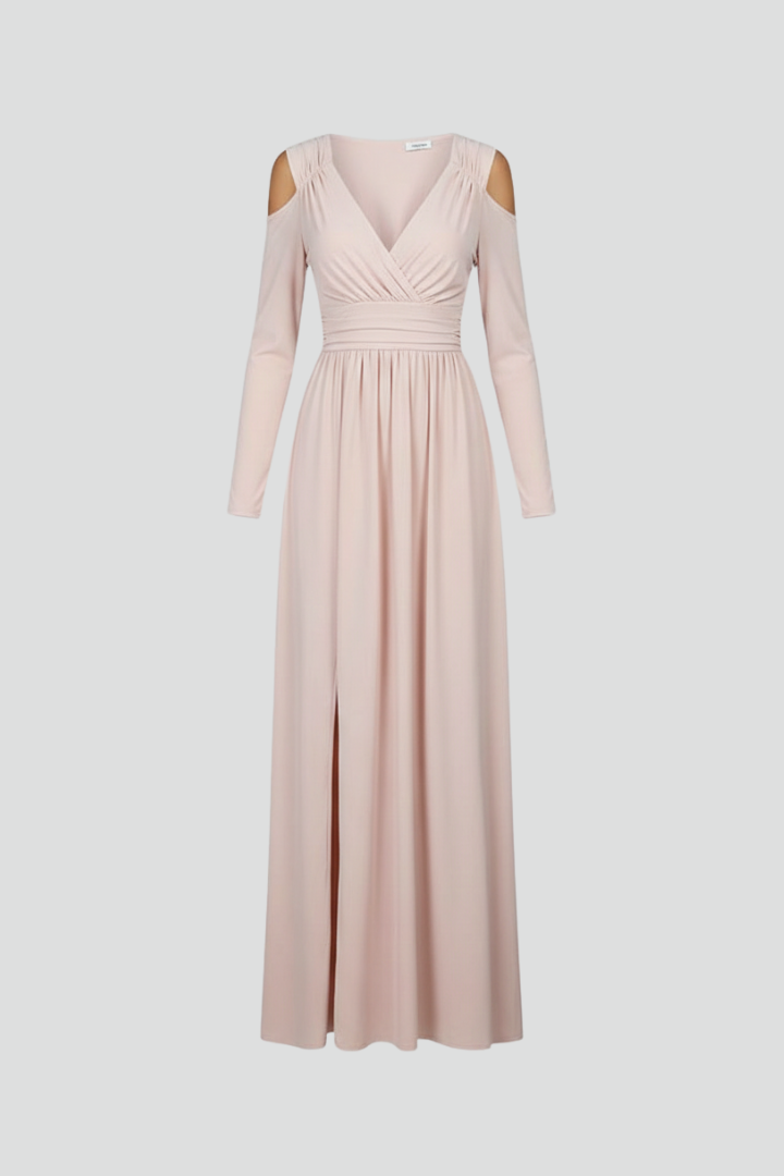 Elegant women's long V-neck maxi dress with a sophisticated side slit, perfect for formal evening events.