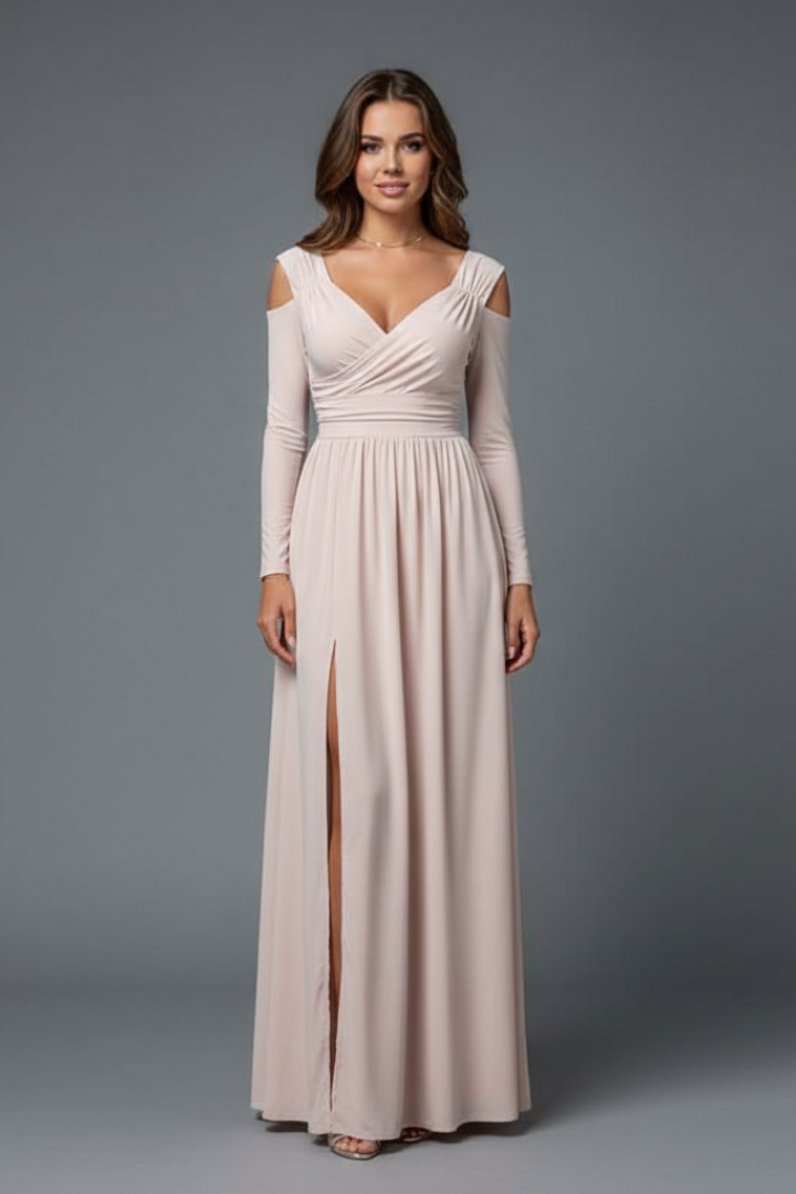 Stylish women's long evening dress featuring a flattering V-neckline and elegant side slit for parties.