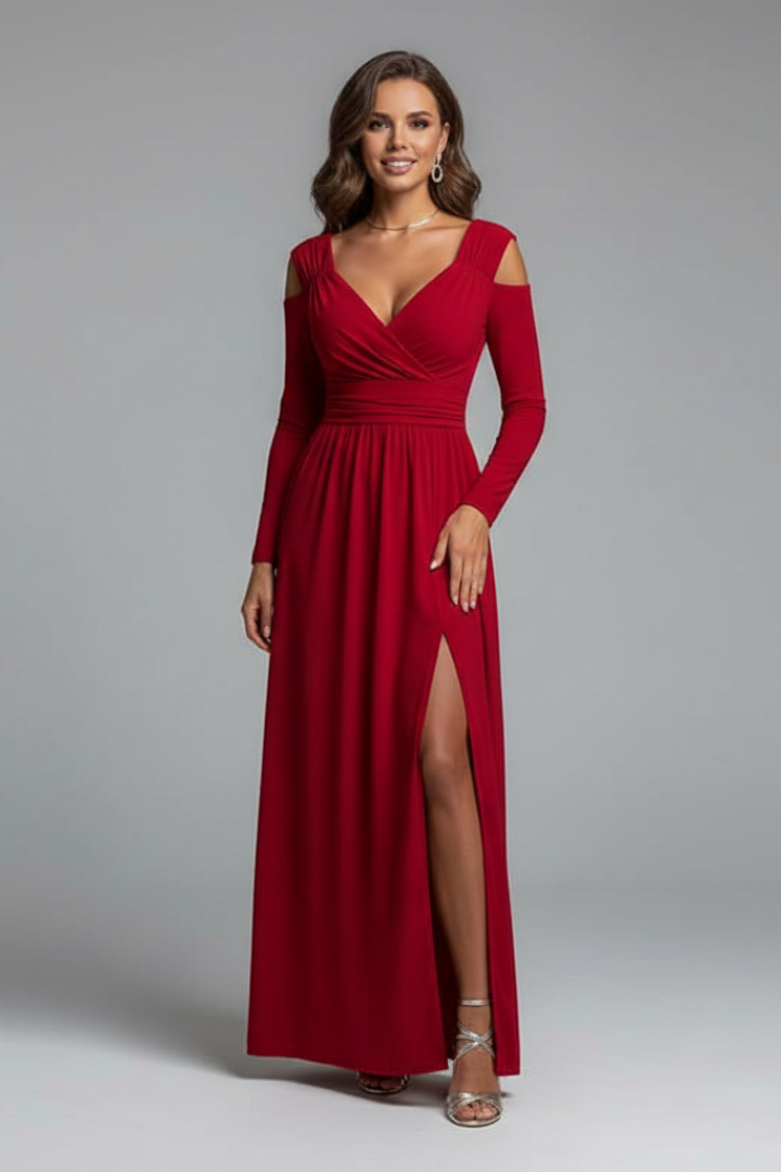 Luxurious women's long elegant dress, V-neck, side slit, an ideal choice for formal party or evening event.