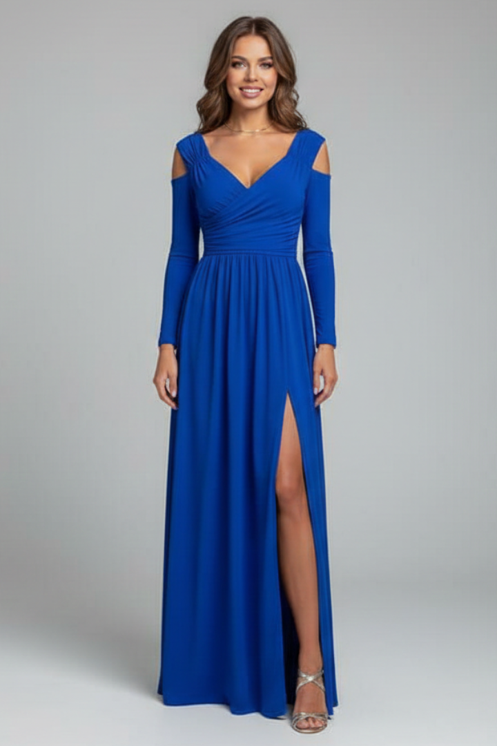 Full-length view: sophisticated women's long V-neck dress with a stylish side slit, ideal for formal events.