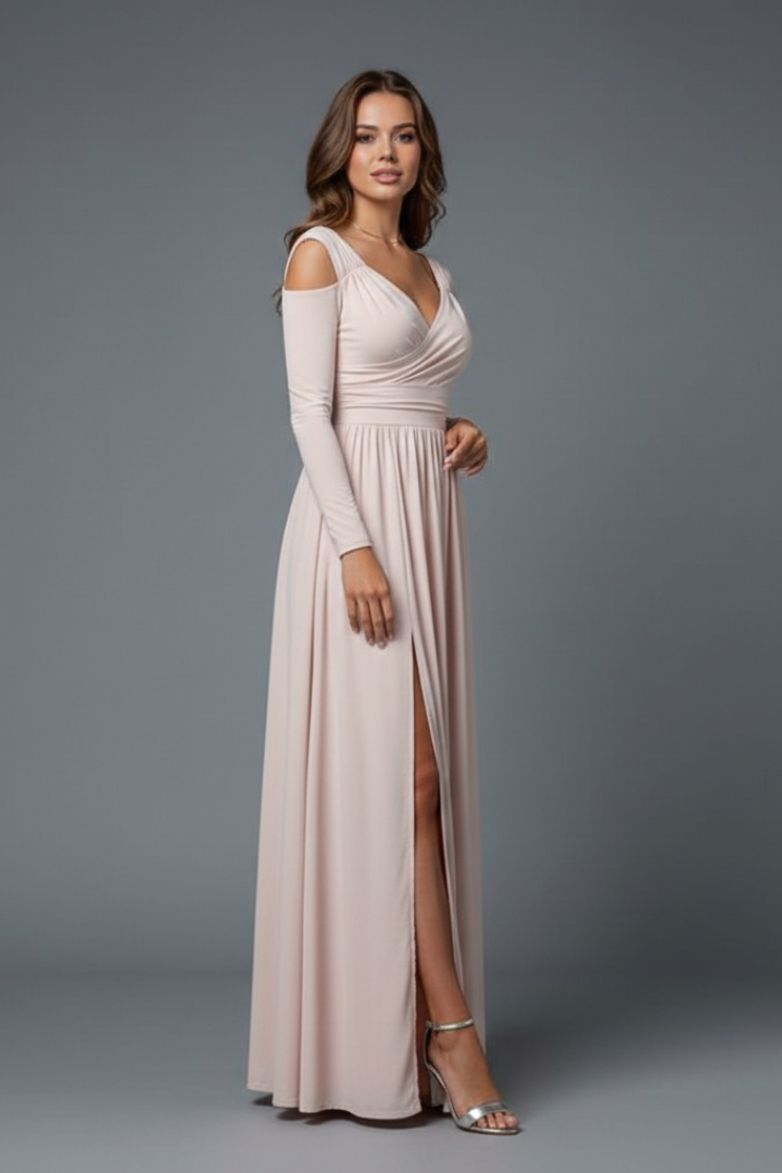 Modern women's long dress, elegant V-neck and alluring side slit, perfect for evening parties and special occasions.