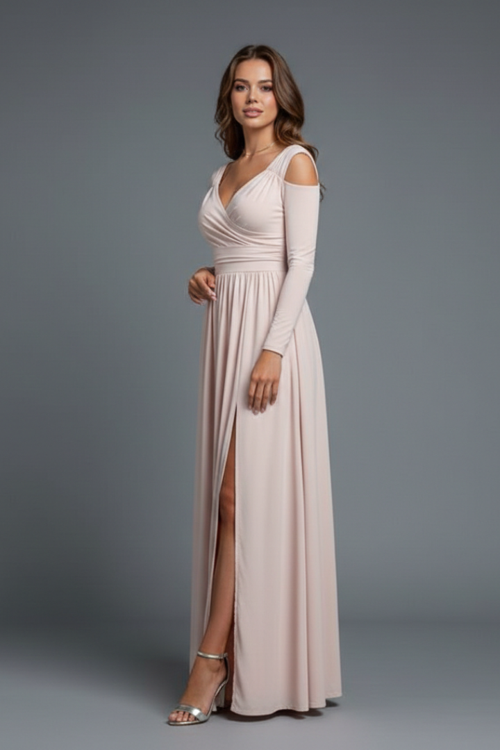 Model in women's long V-neck formal maxi dress with a classy side slit, ideal for evening gowns & parties.