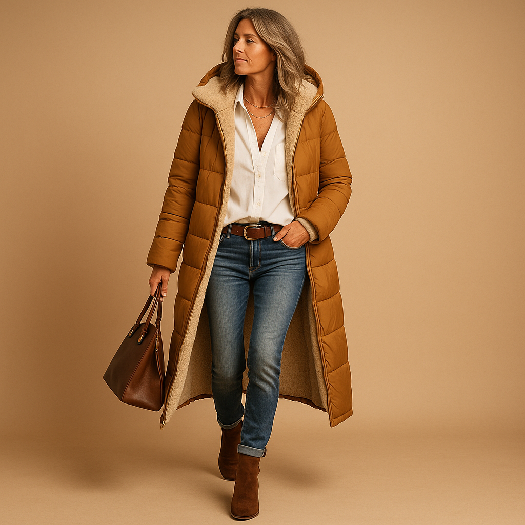 Stylish women's long winter jacket. Elegant cold weather outerwear ensuring warmth and comfort for women's apparel.