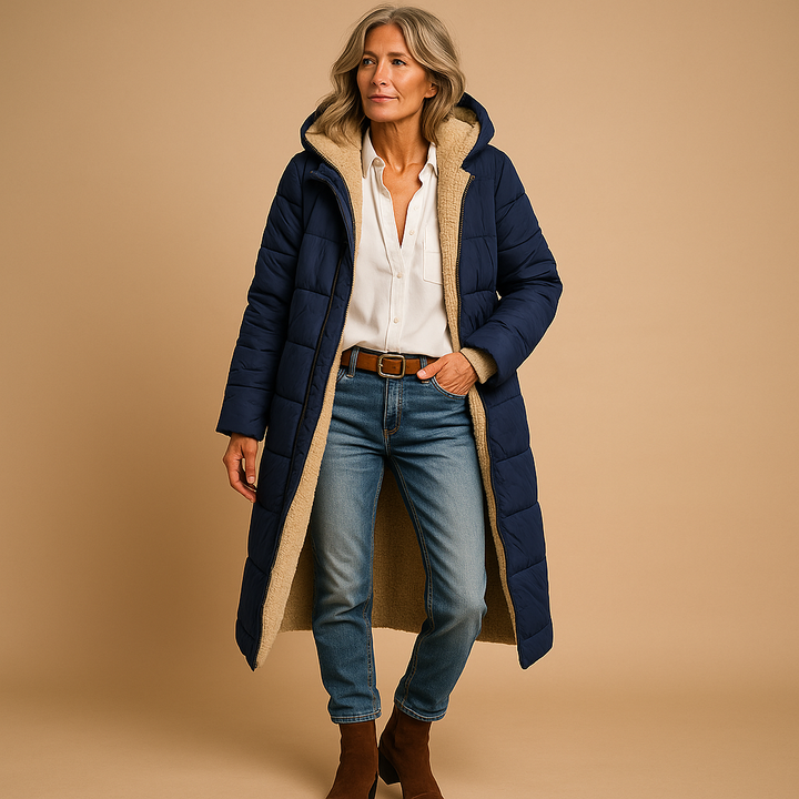 Warm & elegant long winter coat for women. Stylish outerwear offering ultimate cold protection in women's apparel.