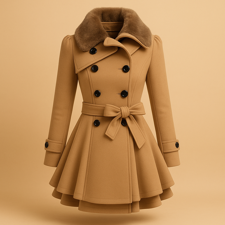 Elegant women's long winter coat with luxurious faux fur collar, perfect for stylish cold weather fashion.