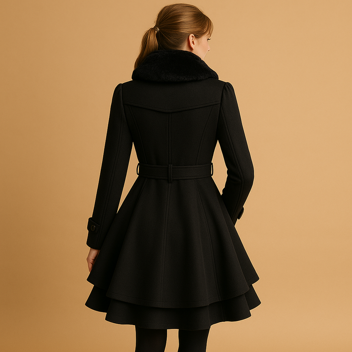 Elegant women's long winter coat, warm and stylish, with a beautiful faux fur collar for ladies' cold weather.