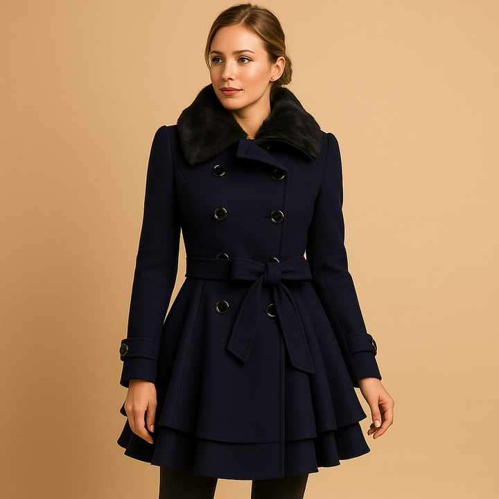 Women's elegant long winter coat with a prominent faux fur collar, providing warmth and style for cold weather.