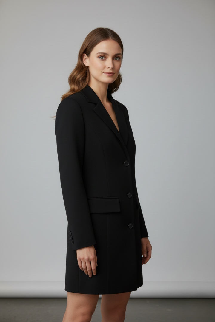 Professional women's longline blazer with notched lapel, button front. Great for office fashion, business casual & work.