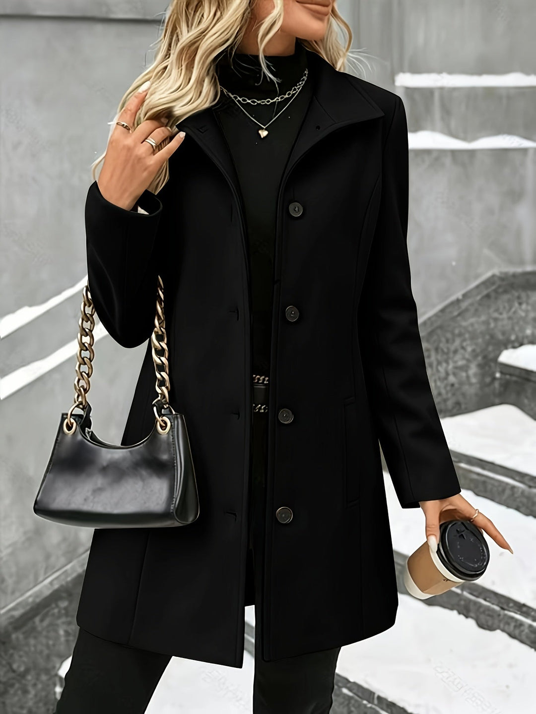 Classic black single breasted longline coat for women, featuring a sophisticated notch collar design.
