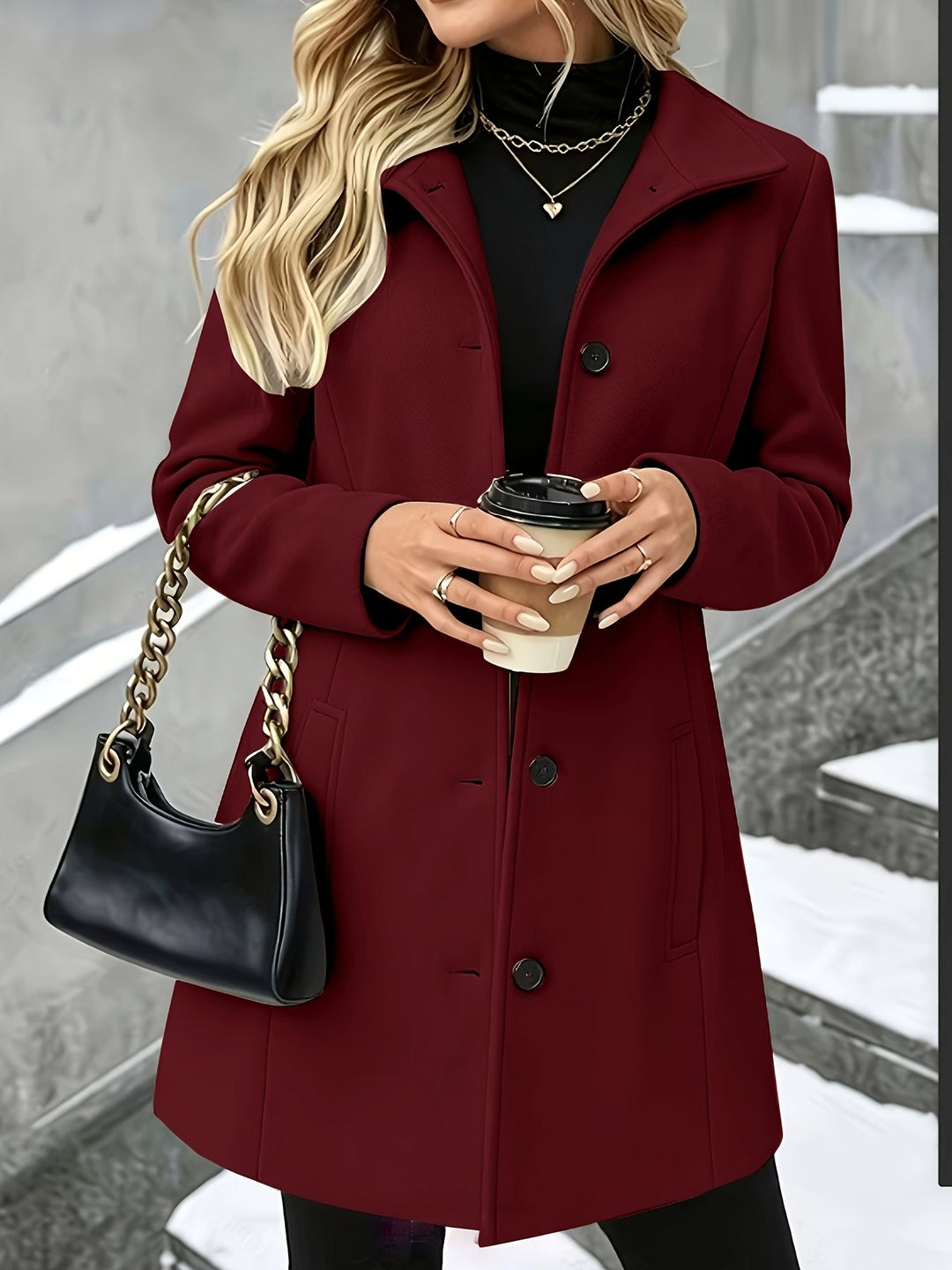 Classic women's fall layering coat, single breasted, longline, and a stylish notch collar design.