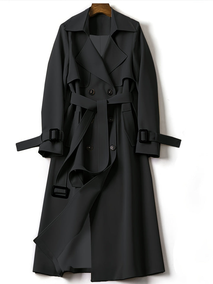 Classic women's long trench coat, double-breasted style, a timeless and elegant outerwear piece.