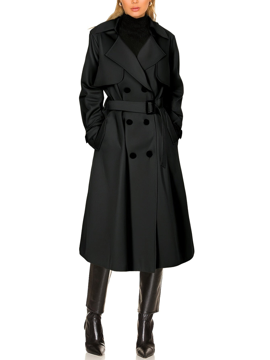 Professional women's outerwear: a longline double-breasted trench coat, ideal for business and style.