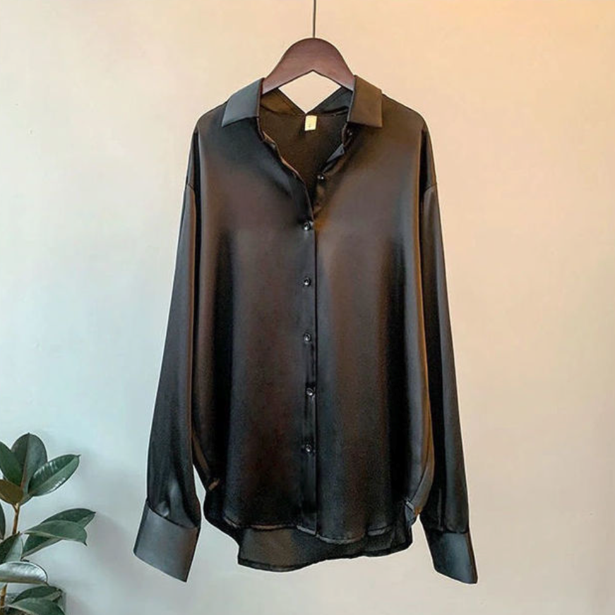 Stylish long sleeve satin top for women, featuring a comfortable loose fit design