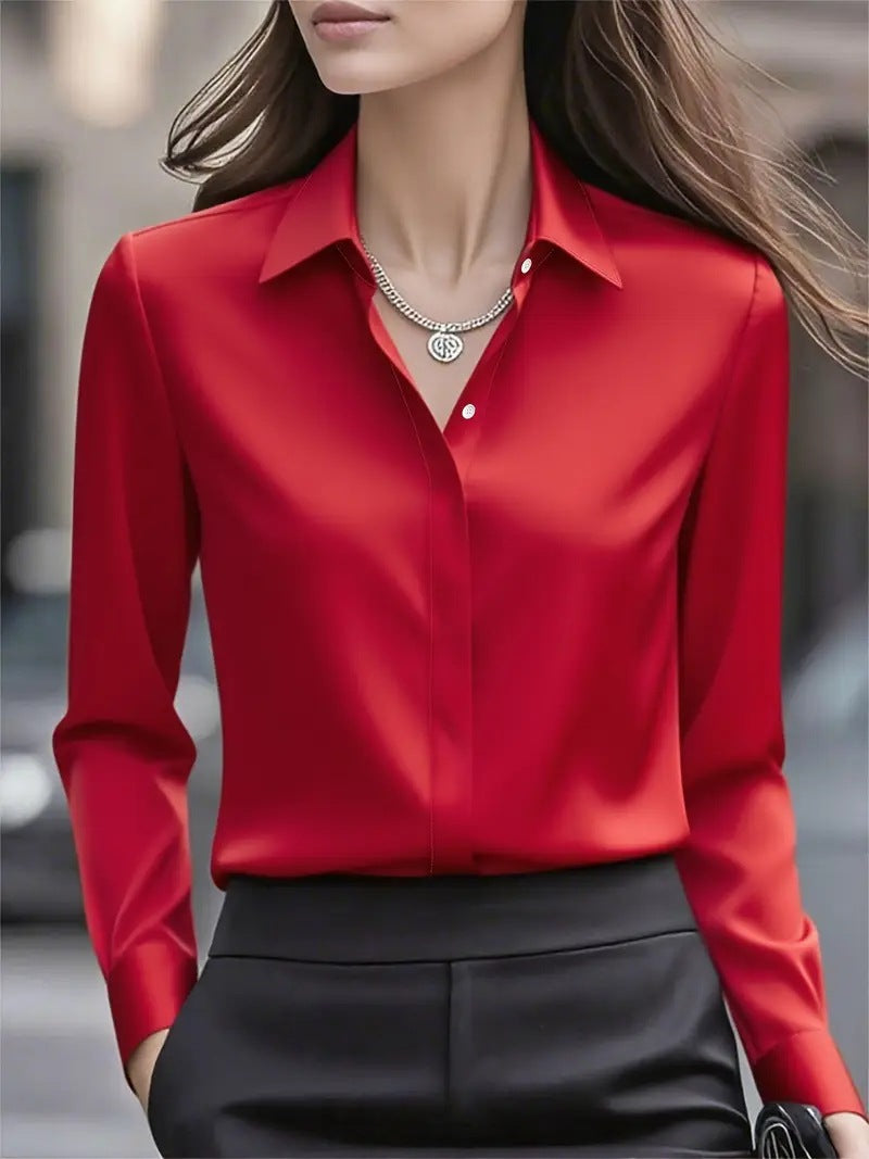 Front view: women's luminous long sleeve button blouse, perfect for professional, elegant, and stylish wear.