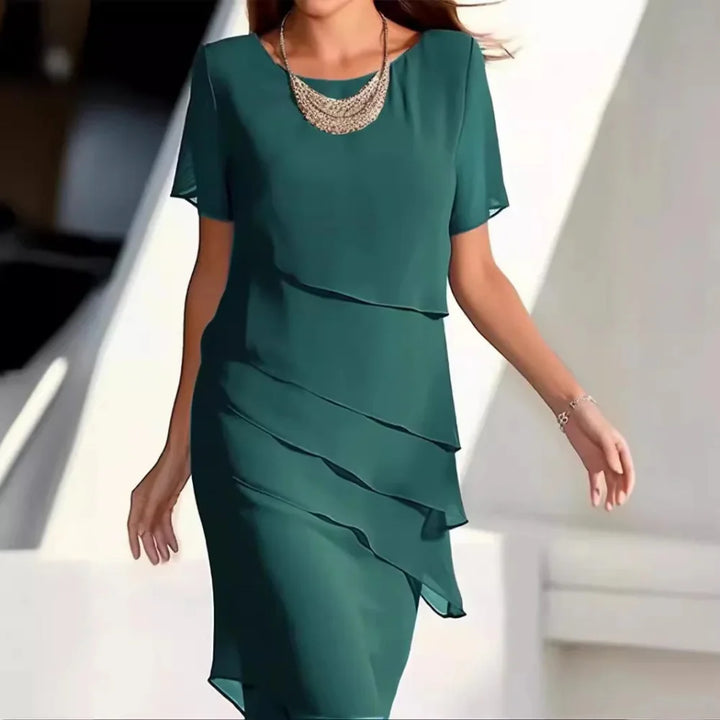 Timeless women's elegant midi dress, short sleeve round neck, perfect for formal events, parties, or summer fashion.