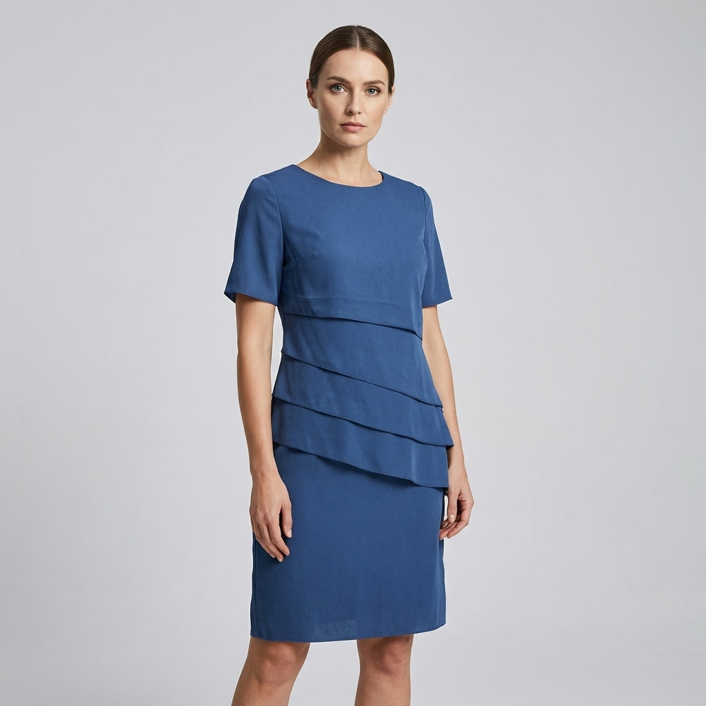 Versatile women's luxe midi dress, short sleeve & round neck, ideal for elegant casual wear or chic event outfits.