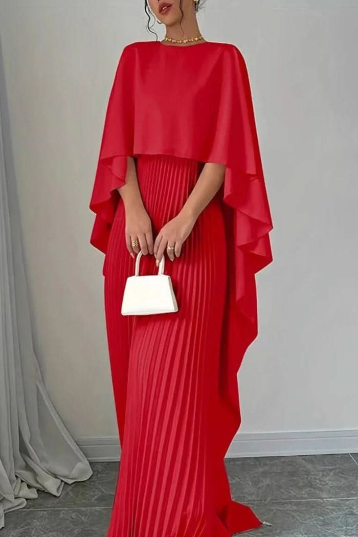 Front view of a stunning women's pleated cape maxi dress, an elegant evening gown for wedding guests or gala.
