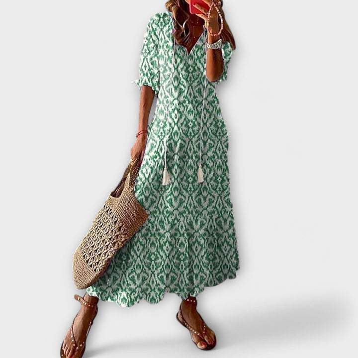 Flowy boho chic maxi dress for women, ideal for summer beachwear, casual outings, or vacation outfits.