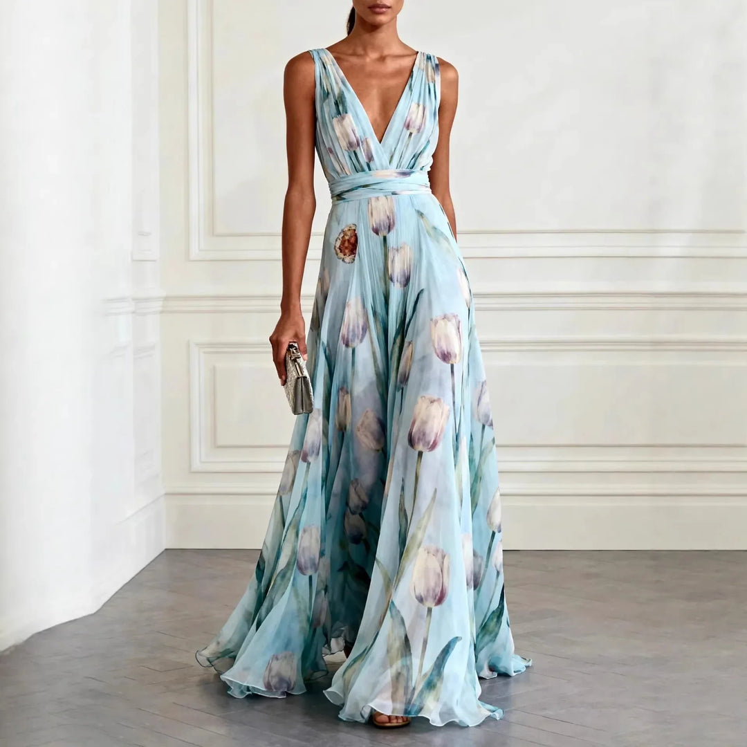 Elegant women's maxi dress for wedding guests, featuring a beautiful tulip floral print and V-neck.