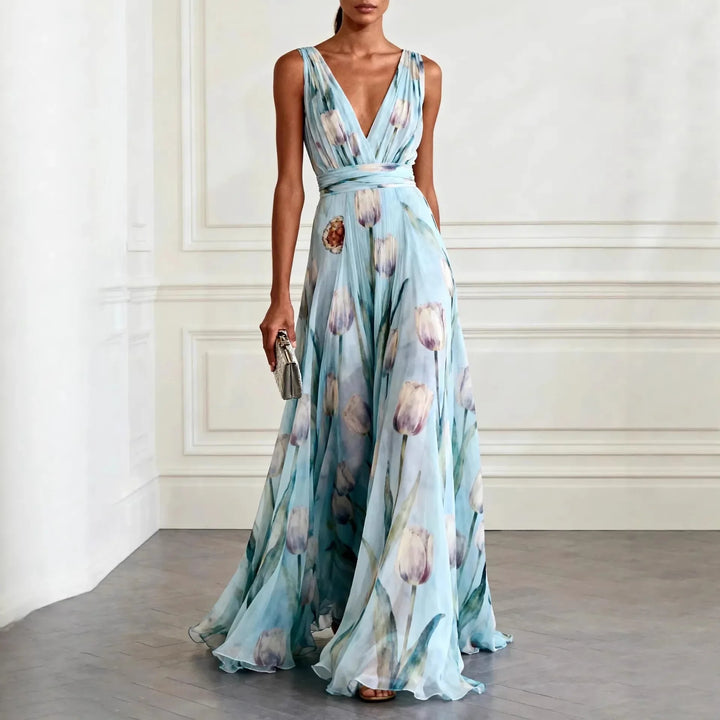 Elegant women's maxi dress for wedding guests, featuring a beautiful tulip floral print and V-neck.