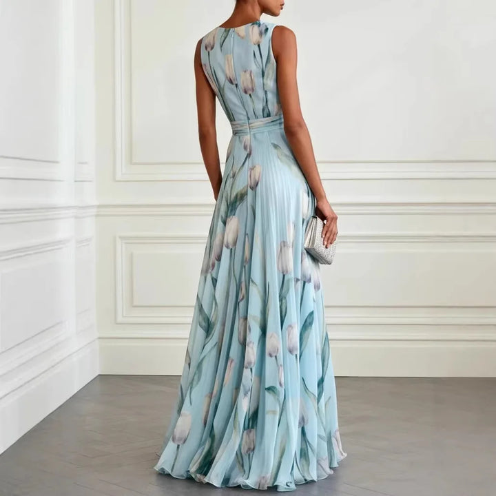 Stunning V-neck floral maxi dress with elegant tulip print, ideal occasion wear for women at weddings.